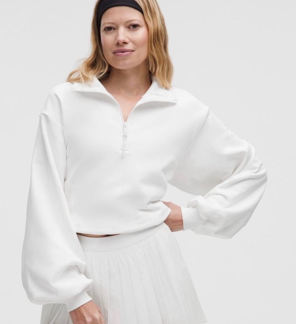 LULULEMON COTTON TERRY Tennis Half Zip Womens Large White Cropped Pullover